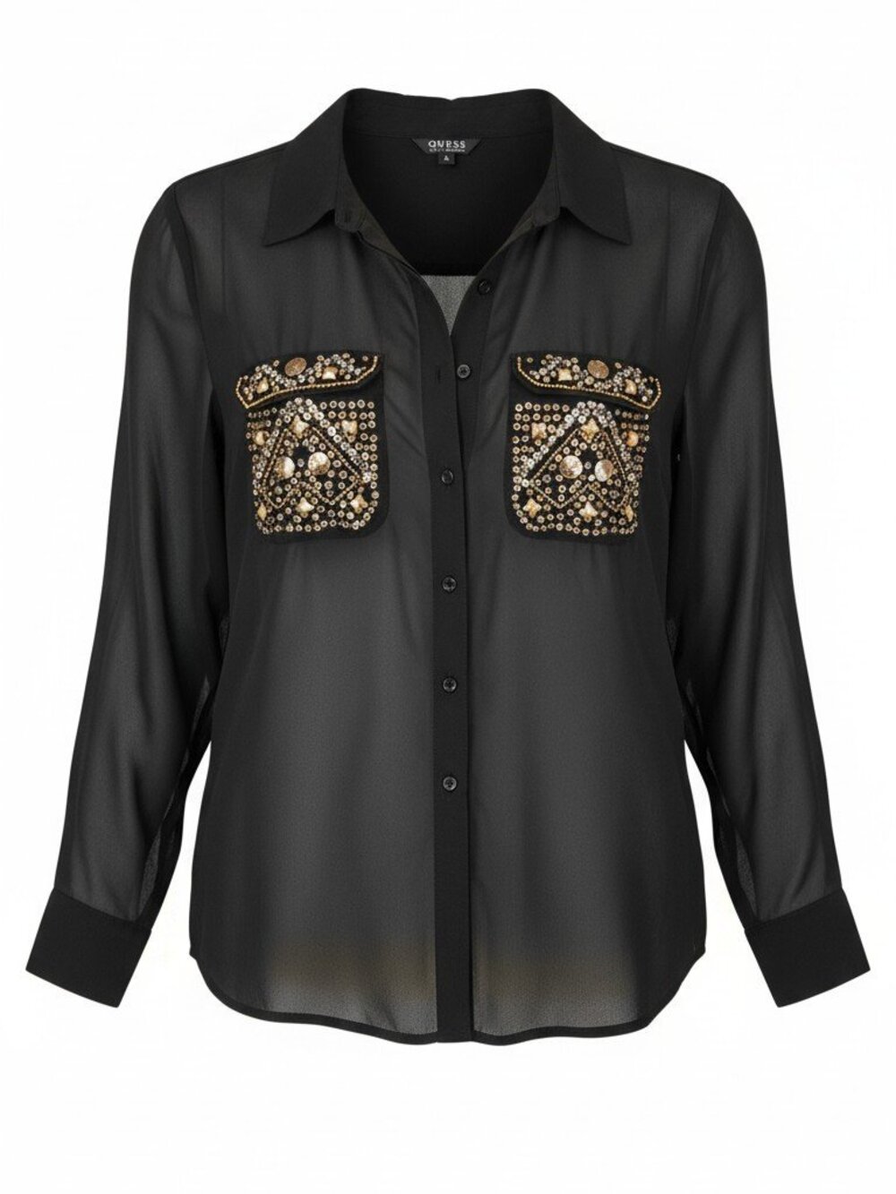 GUESS Marguerite Black Sheer Button Down Blouse Gold Beaded Pockets Size Large